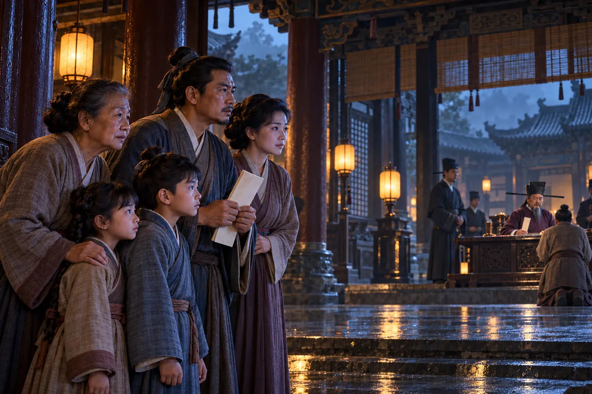 ภาพจำลองประกอบเรื่อง (สร้างด้วย AI) — ครอบครัวชาวเมืองในชุดยุคซ่งเข้าถึงประตูศาลไคฟงที่เปิดรับราษฎร ใช้สื่อความคาดหวังต่อความยุติธรรมในเรื่องเปาบุ้นจิ้น