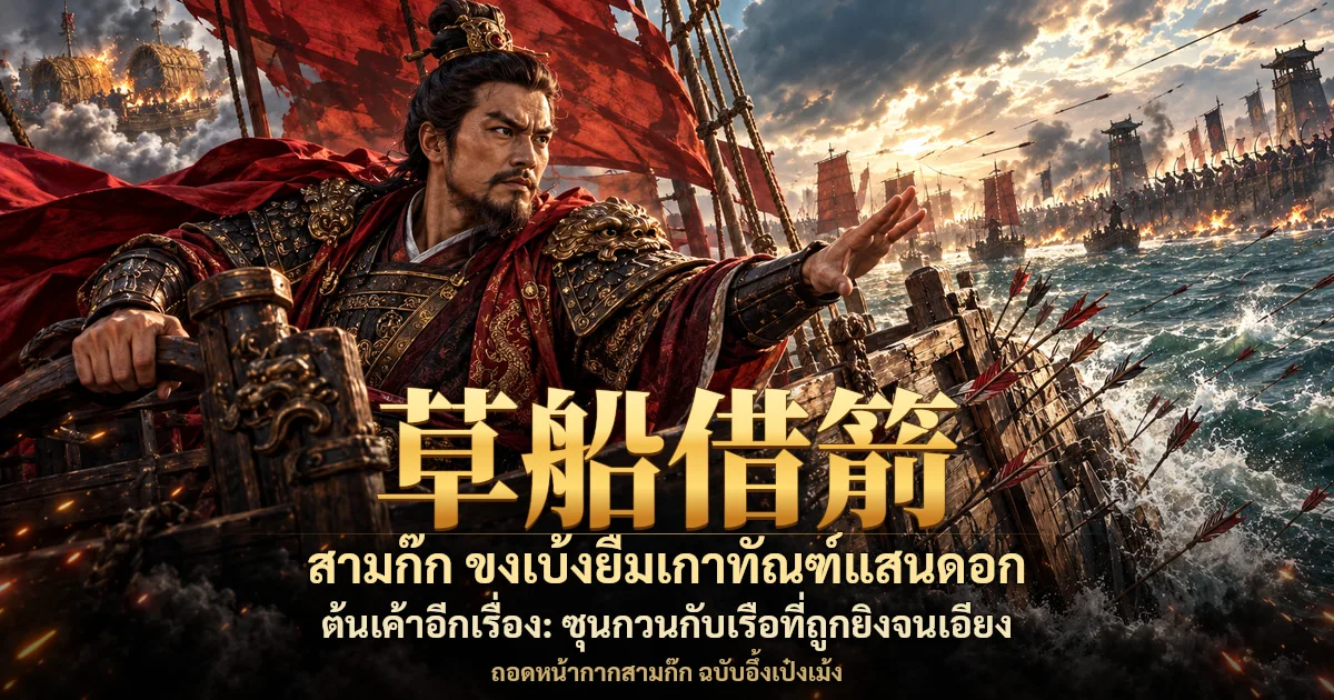 ภาพปกสามก๊ก ขุนพลเกราะแดงยืนบนเรือรบที่มีลูกธนูปักเต็มข้างเรือ กลางแม่น้ำที่มีทหารยิงธนูจากเรือรบ พร้อมอักษร 草船借箭 และข้อความ สามก๊ก ขงเบ้งยืมเกาทัณฑ์แสนดอก ต้นเค้าอีกเรื่อง ซุนกวนกับเรือที่ถูกยิงจนเอียง