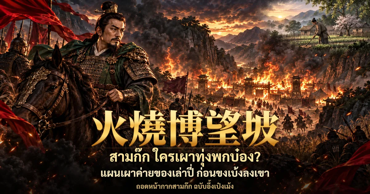 ภาพปกสามก๊ก ขุนพลเคราดำในชุดเกราะเขียวบนหลังม้า ฉากหลังเป็นค่ายทหารลุกเป็นไฟในหุบเขา มีชาวนาทำไร่อยู่บนเนินไกล ๆ พร้อมอักษร 火燒博望坡 และข้อความ สามก๊ก ใครเผาทุ่งพกบ๋อง แผนเผาค่ายของเล่าปี่ ก่อนขงเบ้งลงเขา