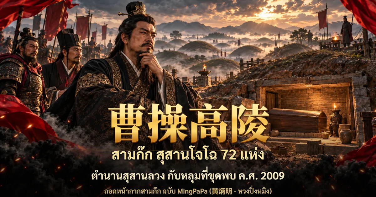 ภาพปกสามก๊ก โจโฉเอามือเท้าคางยืนหน้าทหาร ฉากหลังเป็นเนินดินหลายลูกในหมอกยามเย็น และห้องหลุมศพก่ออิฐมีโลงไม้ พร้อมอักษร 曹操高陵 และข้อความ สามก๊ก สุสานโจโฉ 72 แห่ง ตำนานสุสานลวง กับหลุมที่ขุดพบ ค.ศ. 2009