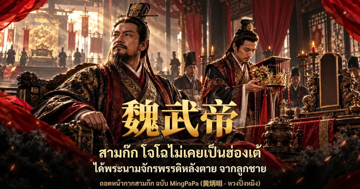 ภาพปกสามก๊ก โจโฉนั่งพิงเก้าอี้ในท้องพระโรงสีแดงทอง ด้านขวาชายหนุ่มในชุดขุนนางยกมงกุฎทองขึ้นถือไว้ พร้อมอักษร 魏武帝 และข้อความ สามก๊ก โจโฉไม่เคยเป็นฮ่องเต้ ได้พระนามจักรพรรดิหลังตาย จากลูกชาย