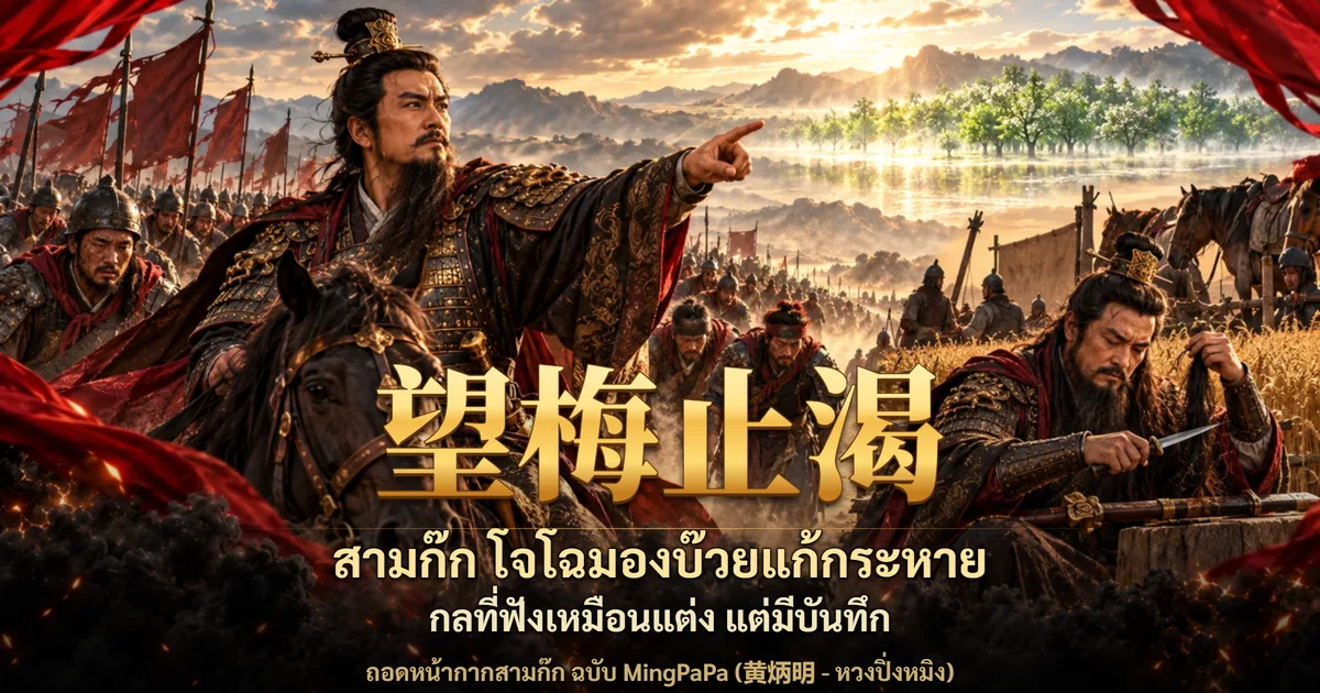 ภาพปกสามก๊ก โจโฉในชุดเกราะขี่ม้าชี้มือไปข้างหน้าที่มีป่าไม้ผลและแม่น้ำ ข้างขวามีขุนพลถือมีดตัดผมของตัวเองในนาข้าว พร้อมอักษร 望梅止渴 และข้อความ สามก๊ก โจโฉมองบ๊วยแก้กระหาย กลที่ฟังเหมือนแต่ง แต่มีบันทึก