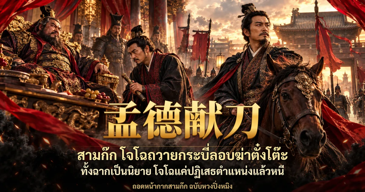 ภาพปกสามก๊ก ขุนนางร่างใหญ่ในชุดหรูนั่งเอนบนตั่งในท้องพระโรง ชายหนุ่มชุดดำคุกเข่าถือดาบในฝัก อีกด้านชายคนเดียวกันขี่ม้าออกจากประตูเมือง พร้อมอักษร 孟德献刀 และข้อความ สามก๊ก โจโฉถวายกระบี่ลอบฆ่าตั๋งโต๊ะ ทั้งฉากเป็นนิยาย โจโฉแค่ปฏิเสธตำแหน่งแล้วหนี