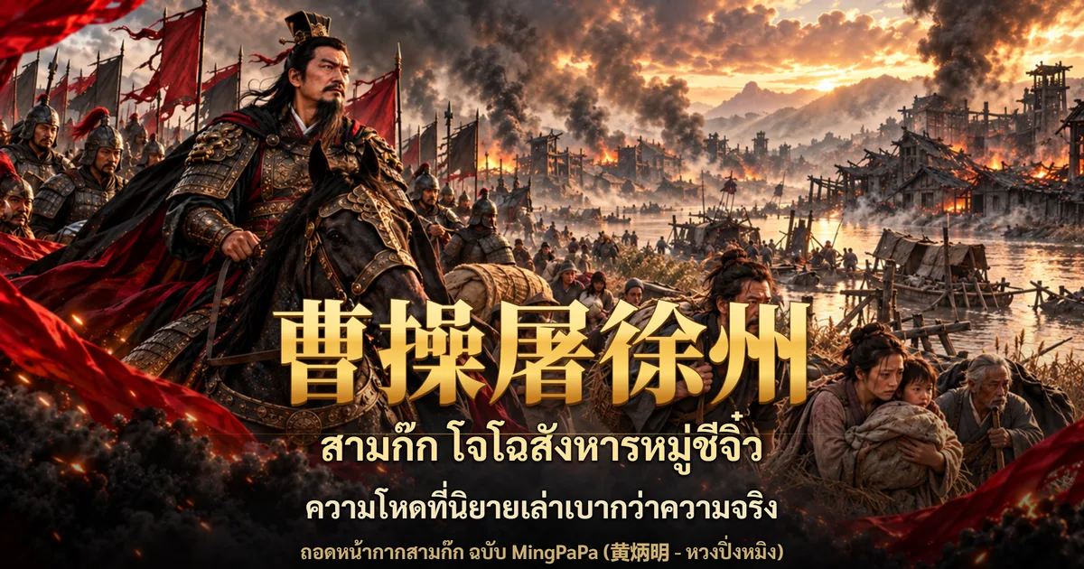 ภาพปกสามก๊ก โจโฉในชุดเกราะขี่ม้านำทัพ ข้างหลังเป็นเมืองริมแม่น้ำที่ถูกเผา ราษฎรอุ้มเด็กหนีภัย พร้อมอักษร 曹操屠徐州 และข้อความ สามก๊ก โจโฉสังหารหมู่ชีจิ๋ว ความโหดที่นิยายเล่าเบากว่าความจริง