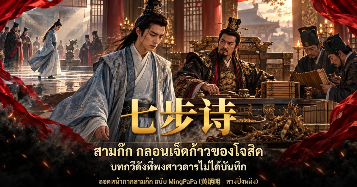 ภาพปกสามก๊ก ชายหนุ่มในชุดคลุมสีเทาอมฟ้าเดินก้าวยาวอยู่หน้าบัลลังก์ ชายมีหนวดเคราในชุดดำแดงนั่งมองอยู่ข้างหลัง บนโต๊ะมีกองม้วนไม้ไผ่ ชามถั่ว และต้นถั่วแห้ง พร้อมอักษร 七步诗 และข้อความ สามก๊ก กลอนเจ็ดก้าวของโจสิด บทกวีดังที่พงศาวดารไม่ได้บันทึก