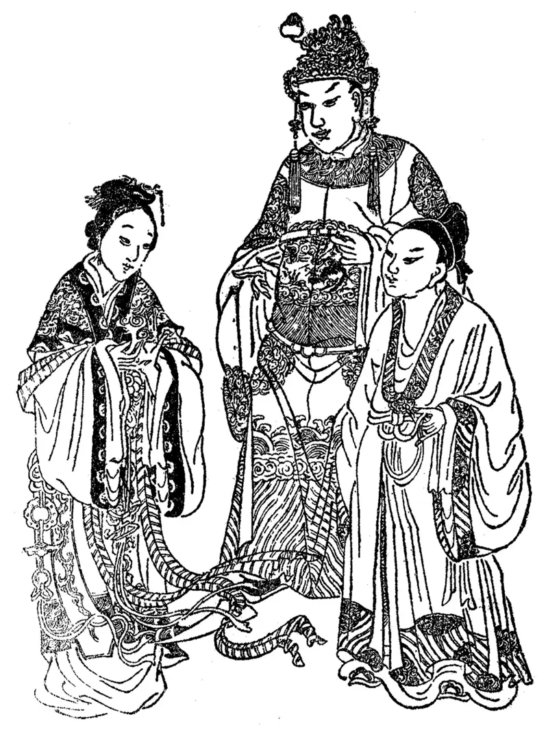 ภาพลายเส้นขาวดำ หญิงสูงศักดิ์ยืนทางซ้าย ชายสวมมงกุฎประดับยืนกลาง และชายหนุ่มเกล้าผมยืนทางขวา ทั้งสามสวมเสื้อคลุมยาวลายวิจิตร