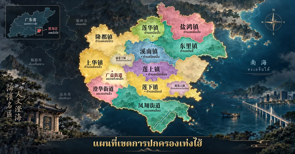 ภาพประกอบแผนที่เขตการปกครองเฉิงไห่ แสดงตำบลและแขวงต่าง ๆ