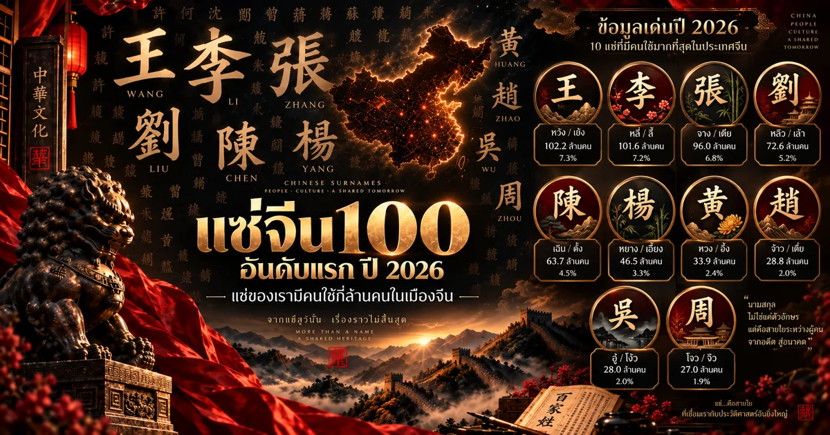 ภาพปกแซ่จีน 100 อันดับแรก ปี 2026 พร้อม 10 แซ่ที่มีคนใช้มากที่สุดและจำนวนคนโดยประมาณ