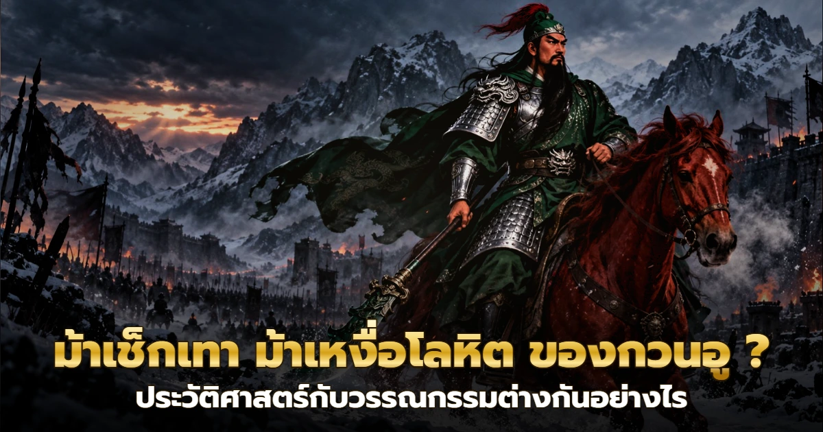 รูปปั้นกวนอูถือง้าวขี่ม้าเช็กเทาสีแดง