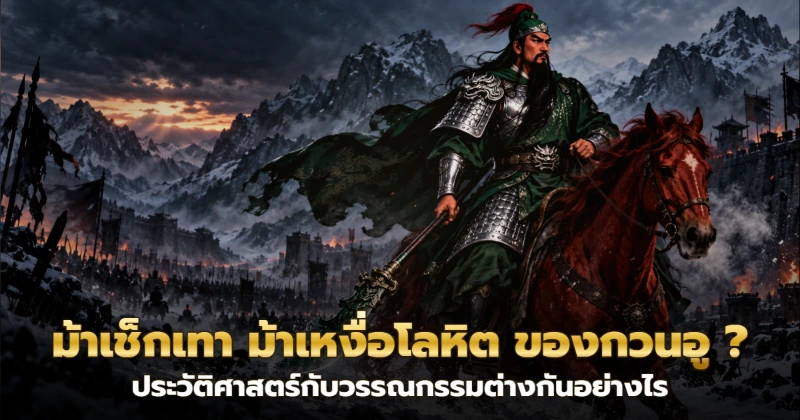 รูปปั้นกวนอูถือง้าวขี่ม้าเช็กเทาสีแดง