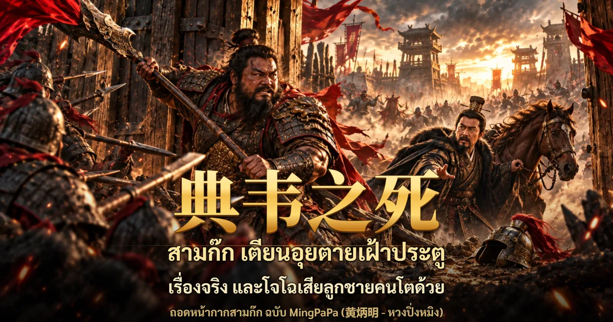 ภาพปกสามก๊ก ขุนพลหนวดเคราดกสวมเกราะถือทวนยืนขวางประตูค่ายไม้ ทหารถือหอกรุมเข้ามา ด้านขวาเป็นชายแต่งกายขุนนางจูงม้าหนีออกจากค่ายที่ไฟลุก พร้อมอักษร 典韦之死 และข้อความ สามก๊ก เตียนอุยตายเฝ้าประตู เรื่องจริง และโจโฉเสียลูกชายคนโตด้วย
