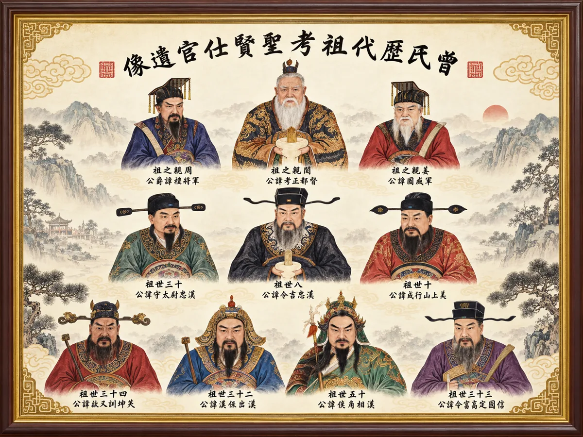 ภาพวาดประกอบบรรพบุรุษสกุลจังสิบเอ็ดท่านในกรอบ หัวภาพเขียนว่า 曾氏歷代祖考聖賢仕官遺像