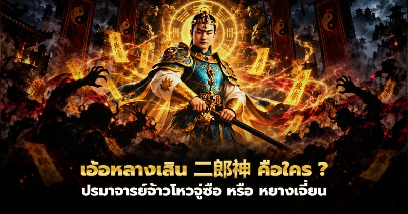 ภาพประกอบ เทพนักรบมีตาที่สามถือกระบี่ท่ามกลางยันต์และภูตผี พร้อมชื่อบทความเอ้อหลางเสิน 二郎神 คือใคร