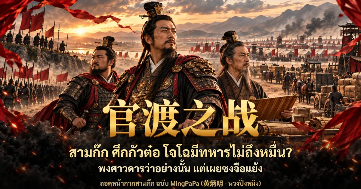 ภาพปกสามก๊ก แม่ทัพชุดเกราะยืนกลางทัพ ขนาบด้วยนายทหารชุดเกราะและที่ปรึกษาถือม้วนไม้ไผ่ ฉากหลังเป็นค่ายทหาร ธงแดง และขบวนเกวียนเสบียง พร้อมอักษร 官渡之战 และข้อความ สามก๊ก ศึกกัวต๋อ โจโฉมีทหารไม่ถึงหมื่น? พงศาวดารว่าอย่างนั้น แต่เผยซงจือแย้ง