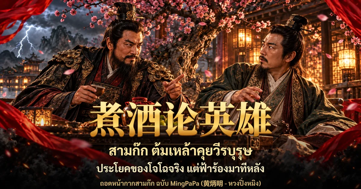 ภาพปกสามก๊ก ชายสองคนแต่งกายขุนนางจีนโบราณนั่งดื่มสุราใต้ต้นไม้ดอกสีชมพู คนซ้ายชี้นิ้วไปทางคนขวา ฉากหลังมีฟ้าแลบ พร้อมอักษร 煮酒论英雄 และข้อความ สามก๊ก ต้มเหล้าคุยวีรบุรุษ ประโยคของโจโฉจริง แต่ฟ้าร้องมาทีหลัง