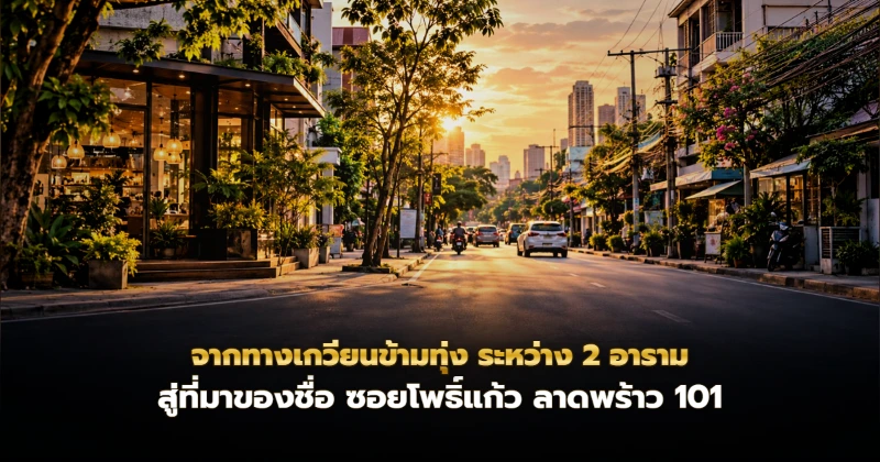 ภาพประกอบ ถนนย่านชานเมืองกรุงเทพยามเย็น พร้อมชื่อบทความที่มาของชื่อซอยโพธิ์แก้ว ลาดพร้าว 101
