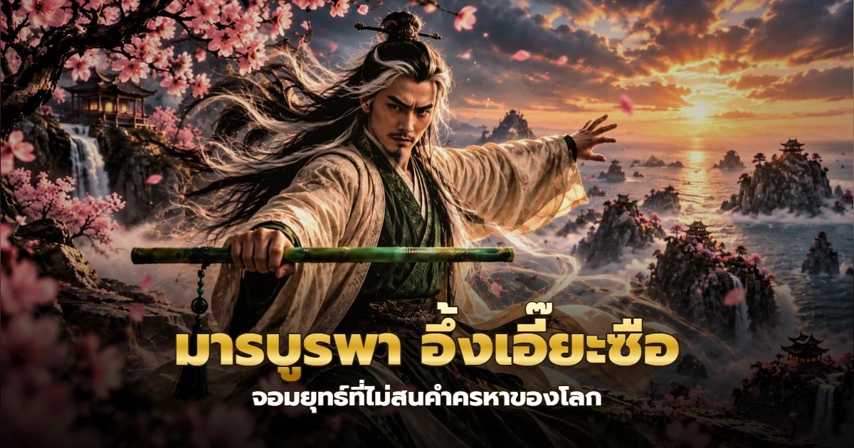 ภาพประกอบ จอมยุทธ์ผมยาวถือขลุ่ยหยกท่ามกลางดอกท้อบนเกาะริมทะเล