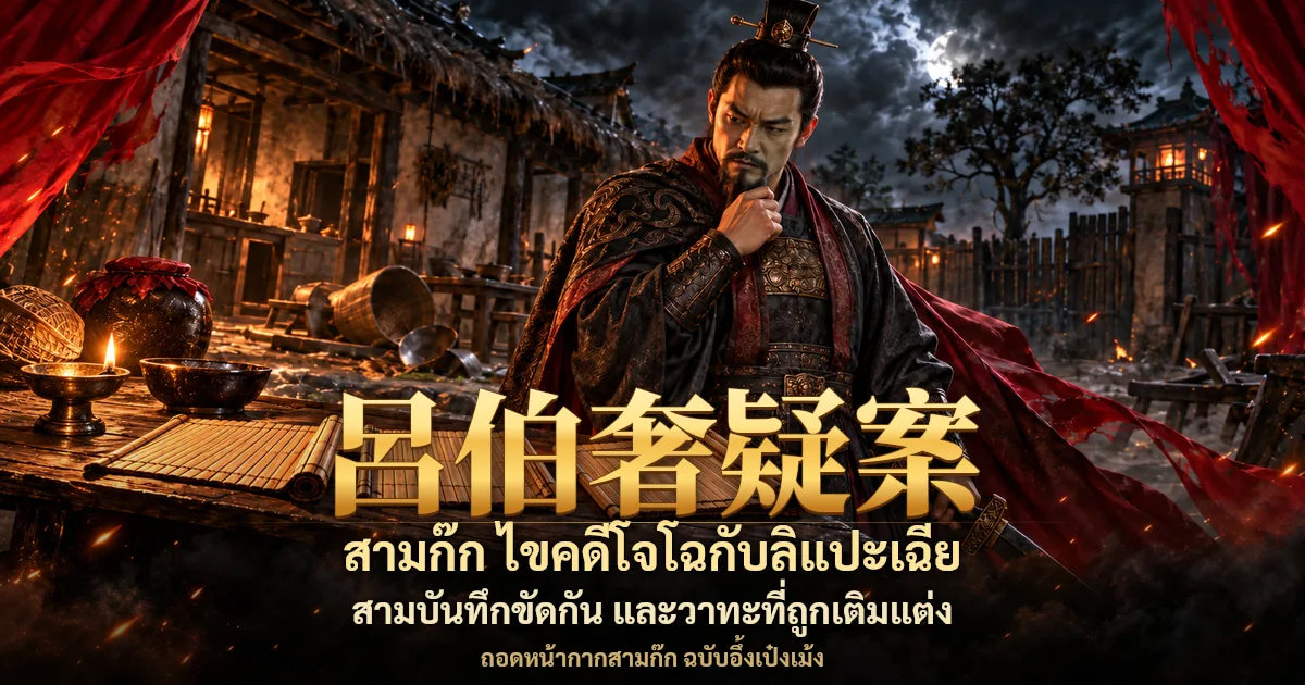 ภาพปกสามก๊ก โจโฉในชุดเกราะคลุมผ้าแดงยืนเอามือเท้าคางหน้าบ้านไม้ยามค่ำคืน พร้อมอักษร 吕伯奢疑案 และข้อความ สามก๊ก ไขคดีโจโฉกับลิแปะเฉีย สามบันทึกขัดกัน และวาทะที่ถูกเติมแต่ง