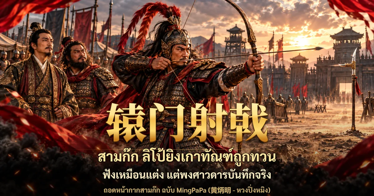 ภาพปกสามก๊ก ขุนพลสวมหมวกเกราะประดับขนนกแดงน้าวคันธนูเล็งไปทางขวา ไกลออกไปมีทวนปักอยู่หน้าประตูค่าย ด้านซ้ายมีชายแต่งกายขุนนางกับขุนพลหนวดเคราดกยืนดู พร้อมอักษร 辕门射戟 และข้อความ สามก๊ก ลิโป้ยิงเกาทัณฑ์ถูกทวน ฟังเหมือนแต่ง แต่พงศาวดารบันทึกจริง