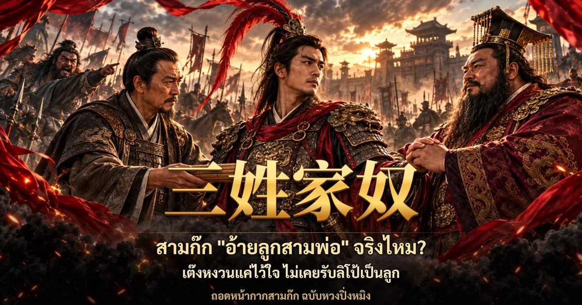 ภาพปกสามก๊ก ขุนนางสูงวัยยื่นม้วนไม้ไผ่ให้ขุนพลหนุ่มชุดเกราะ อีกด้านขุนนางร่างใหญ่เคราดำในชุดแดงจับมือขุนพล มีนักรบชี้นิ้วตะโกนอยู่ด้านหลัง พร้อมอักษร 三姓家奴 และข้อความ สามก๊ก "อ้ายลูกสามพ่อ" จริงไหม? เต๊งหงวนแค่ไว้ใจ ไม่เคยรับลิโป้เป็นลูก