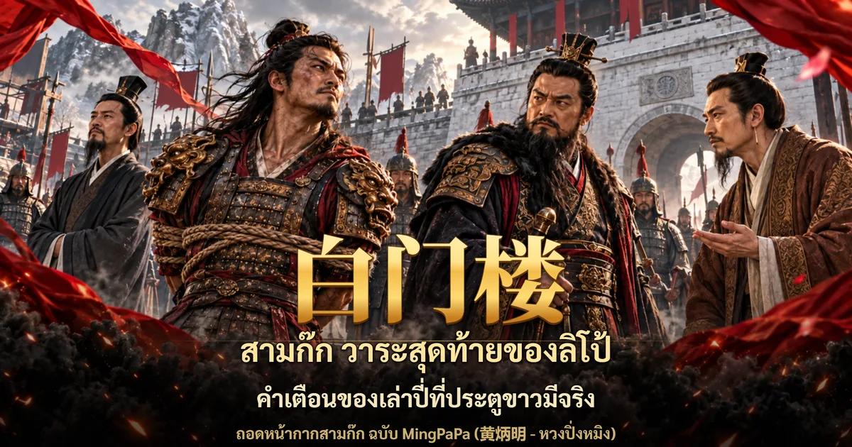 ภาพปกสามก๊ก ขุนพลผมยาวสวมเกราะถูกมัดด้วยเชือกยืนอยู่หน้าประตูเมืองกำแพงหิน ข้างกันมีขุนพลหนวดเคราดกสวมเกราะ ด้านซ้ายและขวามีชายแต่งกายขุนนางสองคน พร้อมอักษร 白门楼 และข้อความ สามก๊ก วาระสุดท้ายของลิโป้ คำเตือนของเล่าปี่ที่ประตูขาวมีจริง