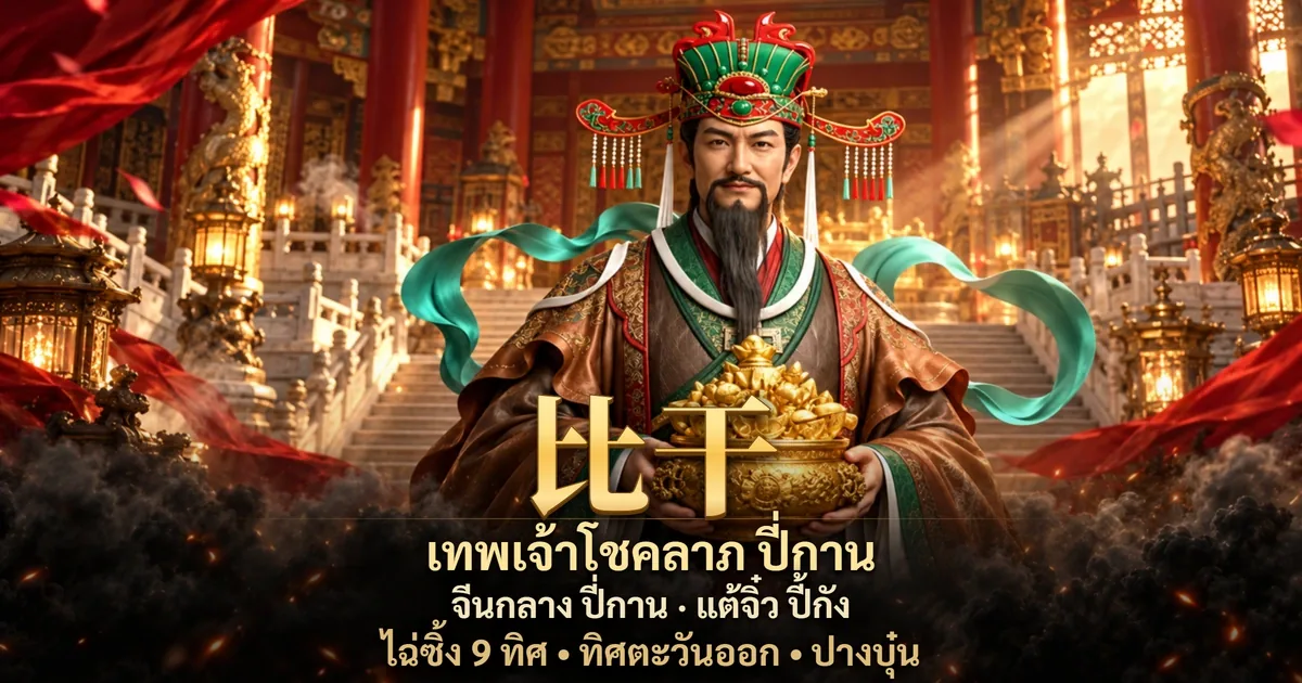 ภาพเทพเจ้าโชคลาภปี่กาน 比干 ประจำทิศตะวันออก ในบรรยากาศจีนโบราณโทนแดงดำทอง พร้อมสัญลักษณ์ความมั่งคั่ง ชื่อจีน คำอ่านไทยและทิศ
