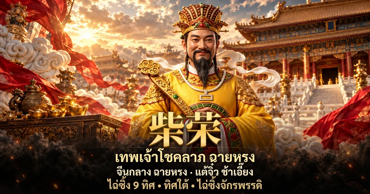 ภาพเทพเจ้าโชคลาภฉายหรง 柴荣 ประจำทิศใต้ ในบรรยากาศจีนโบราณโทนแดงดำทอง พร้อมสัญลักษณ์ความมั่งคั่ง ชื่อจีน คำอ่านไทยและทิศ