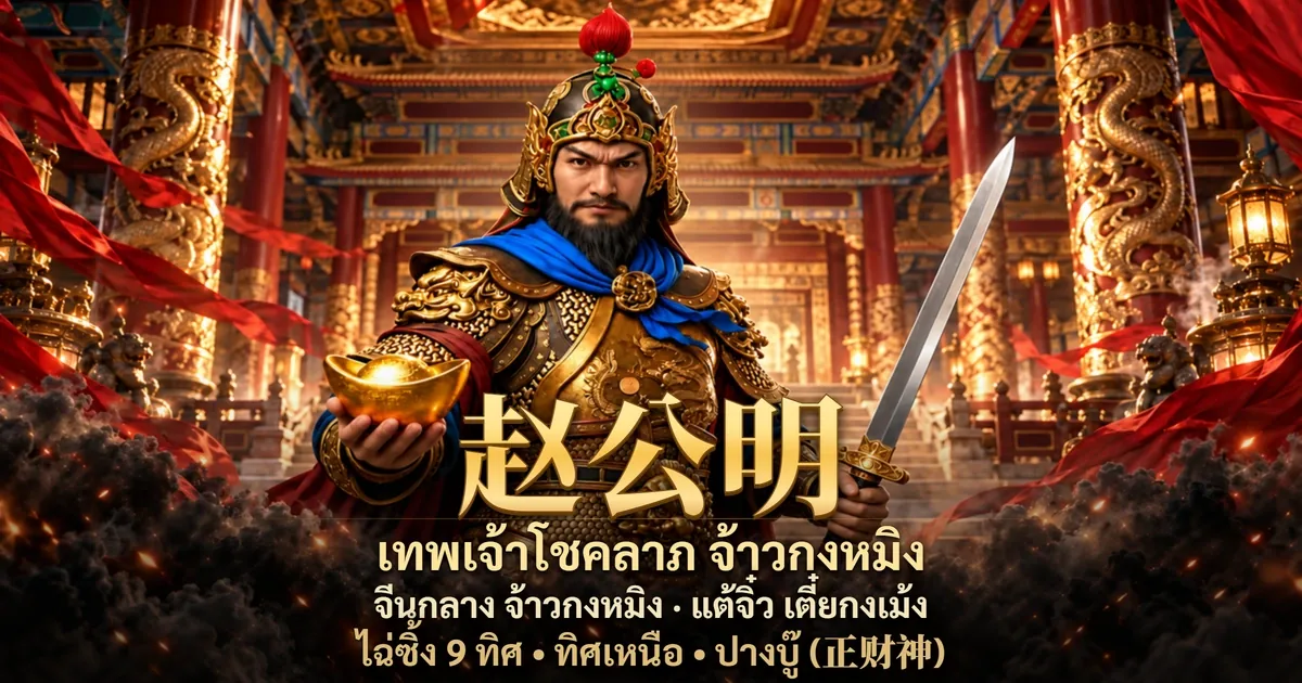 ภาพเทพเจ้าโชคลาภจ้าวกงหมิง 赵公明 ประจำทิศเหนือ ในบรรยากาศจีนโบราณโทนแดงดำทอง พร้อมสัญลักษณ์ความมั่งคั่ง ชื่อจีน คำอ่านไทยและทิศ