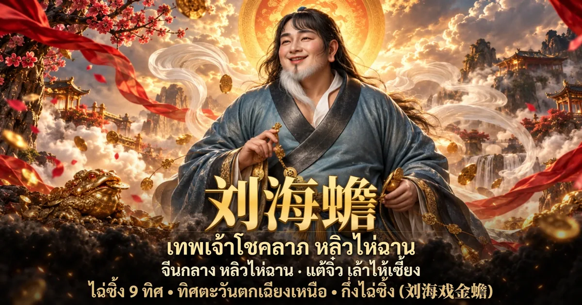 ภาพเทพเจ้าโชคลาภหลิวไห่ฉาน 刘海蟾 ประจำทิศตะวันตกเฉียงเหนือ ในบรรยากาศจีนโบราณโทนแดงดำทอง พร้อมสัญลักษณ์ความมั่งคั่ง ชื่อจีน คำอ่านไทยและทิศ