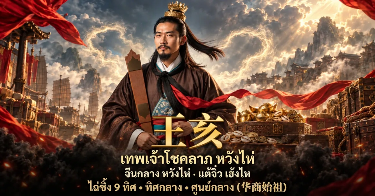 ภาพเทพเจ้าโชคลาภหวังไห่ 王亥 ประจำทิศกลาง ในบรรยากาศจีนโบราณโทนแดงดำทอง พร้อมสัญลักษณ์ความมั่งคั่ง ชื่อจีน คำอ่านไทยและทิศ