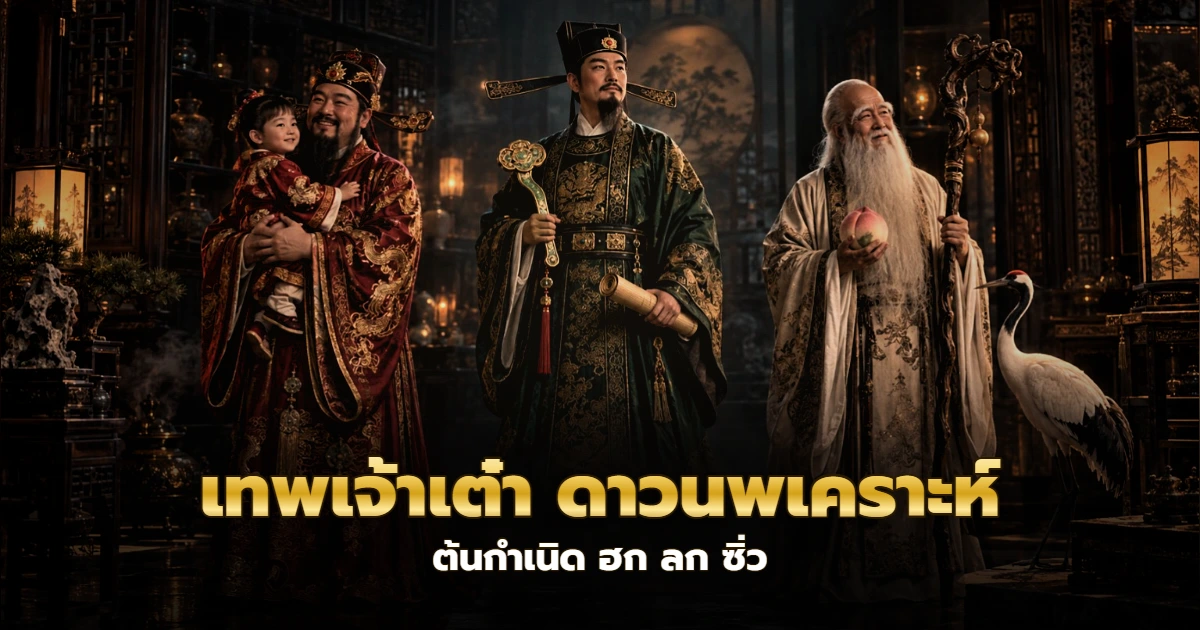 รูปปั้นฮก ลก ซิ่วสามองค์บนโต๊ะบูชาไม้