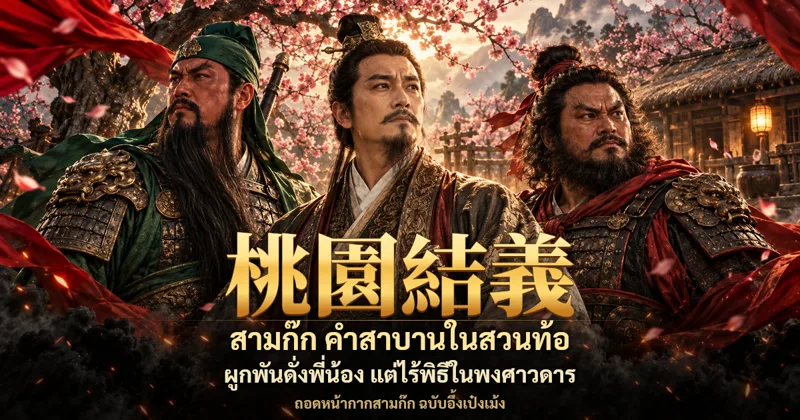 ภาพปกสามก๊ก เล่าปี่ยืนกลางระหว่างกวนอูเคราดำยาวในชุดเกราะสีเขียวกับเตียวหุยเคราดกในชุดเกราะแดงดำ ฉากหลังเป็นสวนท้อดอกบานกับบ้านชาวนาจุดตะเกียง พร้อมอักษร 桃園結義 และข้อความ สามก๊ก คำสาบานในสวนท้อ ผูกพันดั่งพี่น้อง แต่ไร้พิธีในพงศาวดาร