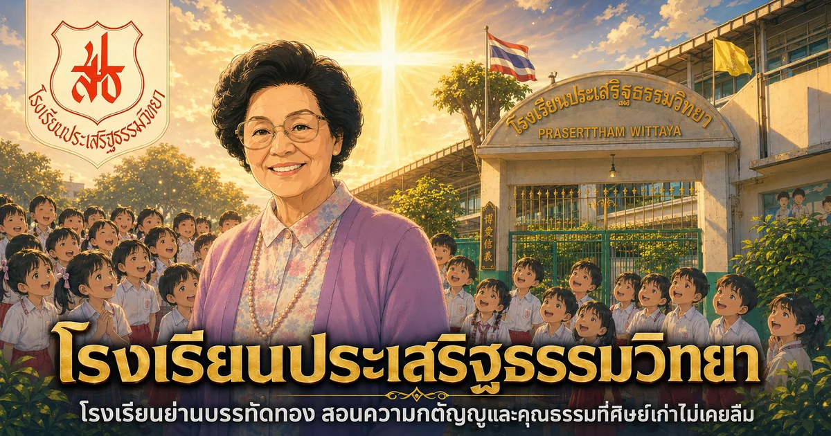ป้ายโรงเรียนประเสริฐธรรมวิทยาบนถนนบรรทัดทอง