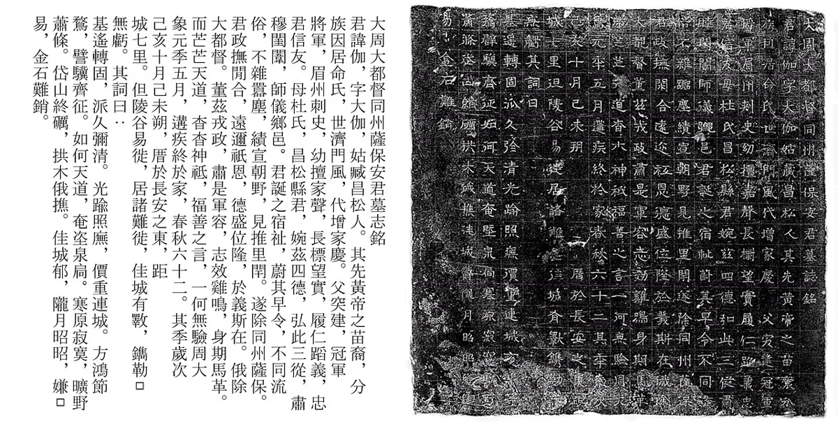 ศิลาจารึกหลุมศพของอานเจีย 安伽 ชาวซอกเดีย ค.ศ. 579 ภาพสำเนาจากศิลาคู่กับคำถอดอักษรจีน หลักฐานสายซอกเดียของแซ่อาน แซ่อัง