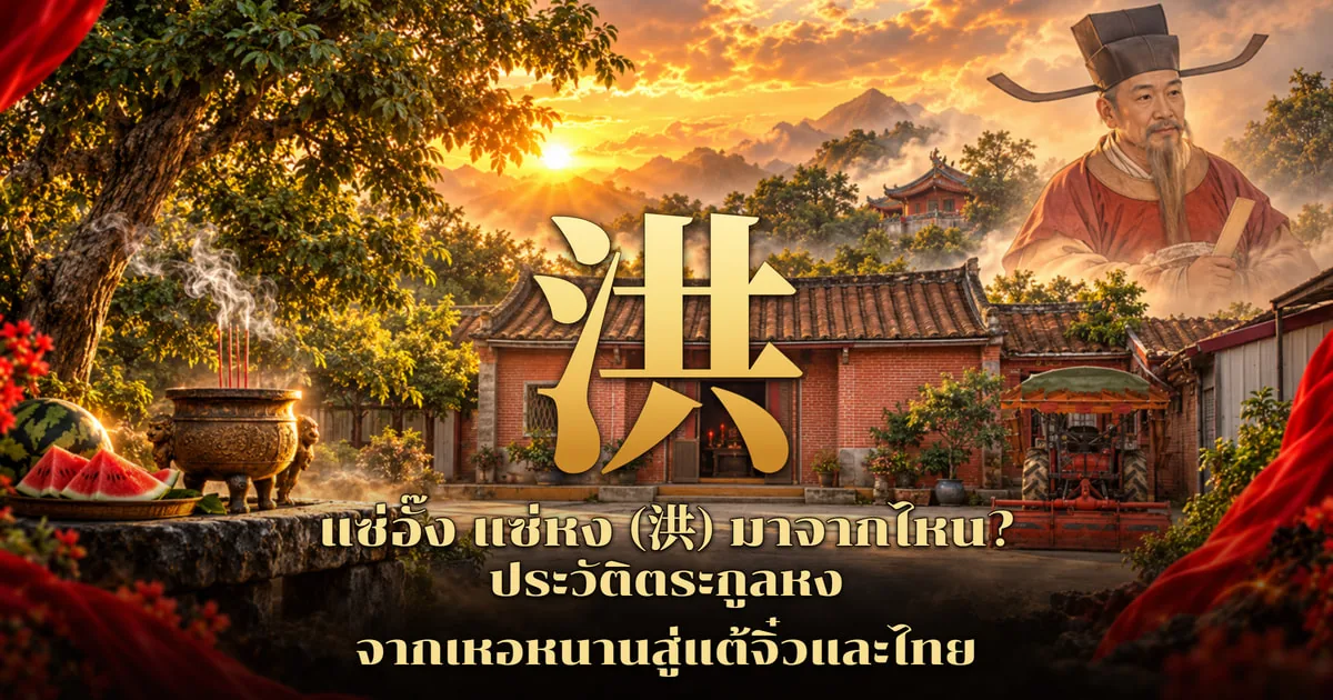 ภาพปกอักษร 洪 สีทองตัวใหญ่ หน้าหออิฐแดงหลังคากระเบื้องแบบชนบทมีรถไถจอดข้าง ข้างซ้ายเป็นกระถางธูปสำริดมีควันธูปกับแตงโมผ่าซีก มุมขวาบนเป็นขุนนางจีนสวมหมวกปีกยาวไว้เครายาว ฉากภูเขายามพระอาทิตย์ตก พร้อมข้อความ แซ่อั๊ง แซ่หง (洪) มาจากไหน? ประวัติตระกูลหง จากเหอหนานสู่แต้จิ๋วและไทย