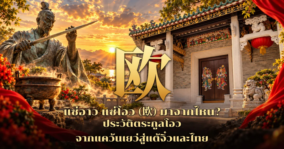 ภาพปกอักษร 欧 สีทองตัวใหญ่ ข้างซ้ายเป็นรูปปั้นสำริดช่างตีดาบโบราณยกดาบขึ้นพิจารณา หน้ากระถางสำริดมีควันลอย ด้านขวาเป็นซุ้มประตูศาลบรรพชนเสาหินเทา ประตูไม้วาดเทพทวารบาล โคมแดง และสิงโตหิน ฉากพระอาทิตย์ตก พร้อมข้อความ แซ่อาว แซ่โอว (欧) มาจากไหน? ประวัติตระกูลโอว จากแคว้นเยว่สู่แต้จิ๋วและไทย
