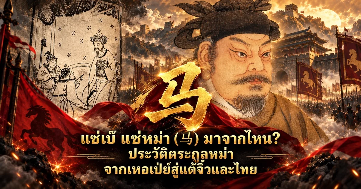 ภาพปกอักษร 马 สีทองขนาดใหญ่กลางภาพ ด้านขวาเป็นภาพวาดจ้าวเซอสวมหมวกผ้าสีดำ ไว้หนวดเครา เสื้อสีเหลือง ด้านซ้ายเป็นภาพพิมพ์แกะไม้แม่ทัพปราบคลื่นหม่าหยวน ฉากหลังกำแพงเมือง ประตูวัง ธงแดงรูปม้า และแถวทหาร พร้อมข้อความ แซ่เบ๊ แซ่หม่า (马) มาจากไหน? ประวัติตระกูลหม่า จากเหอเป่ย์สู่แต้จิ๋วและไทย