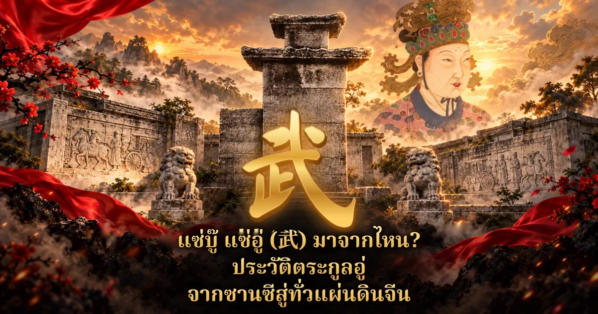 อักษร 武 สีทองกลางภาพ หน้าเสาหินและสิงโตหินคู่ ผนังภาพสลักหินรูปรถม้า มุมขวาบนเป็นภาพวาดจินตนาการพระนางบูเช็กเทียน พร้อมข้อความ แซ่บู๊ แซ่อู่ (武) มาจากไหน? ประวัติตระกูลอู่ จากซานซีสู่ทั่วแผ่นดินจีน