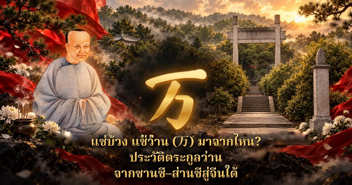 ภาพวาดนักปราชญ์สวมเสื้อคลุมสีเทาอมฟ้า (ว่านซือถง) นั่งทางซ้าย อักษรจีน 万 สีทองขนาดใหญ่ตรงกลาง ด้านขวาเป็นบันไดหินขึ้นสู่ซุ้มประตูหินและเสาหินกลางป่าเขา พร้อมข้อความ แซ่บ้วง แซ่ว่าน (万) มาจากไหน? ประวัติตระกูลว่าน จากซานซี–ส่านซีสู่จีนใต้