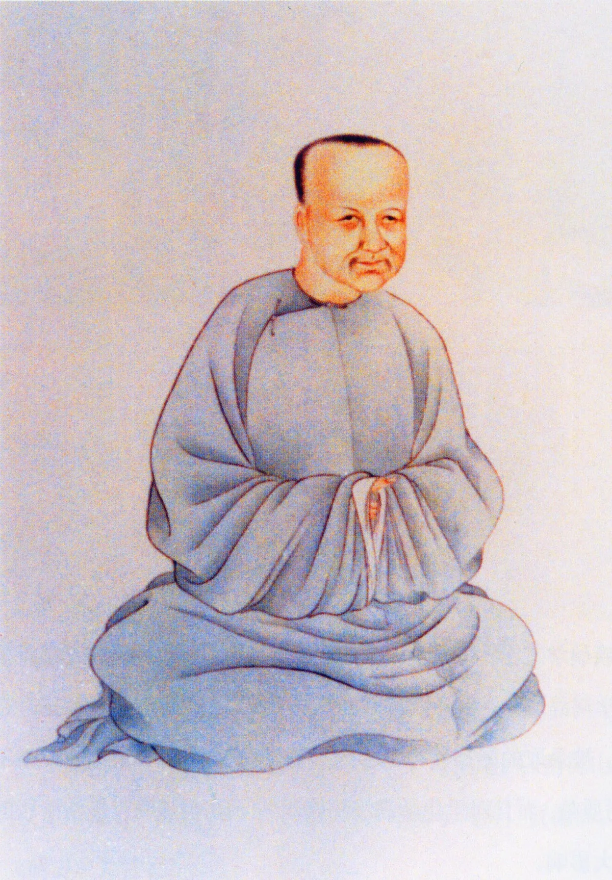 ภาพวาดเหมือนว่านซือถง 万斯同 นักประวัติศาสตร์แซ่ว่านต้นราชวงศ์ชิง นั่งสวมเสื้อคลุมสีเทาอมฟ้า