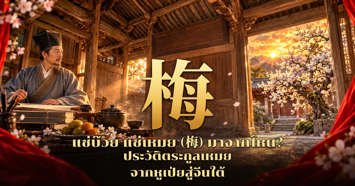 ภาพปกแซ่เหมย อักษร 梅 สีทองขนาดใหญ่ในโถงไม้เก่า บัณฑิตสวมหมวกทรงสูงสีดำชุดคลุมสีเทานั่งเขียนพู่กันที่โต๊ะ มีกาน้ำชาและจานผลไม้ ต้นเหมยดอกสีชมพูขาวในลานรับแสงอาทิตย์ตก พร้อมข้อความ แซ่บ๊วย แซ่เหมย (梅) มาจากไหน? ประวัติตระกูลเหมย จากหูเป่ยสู่จีนใต้