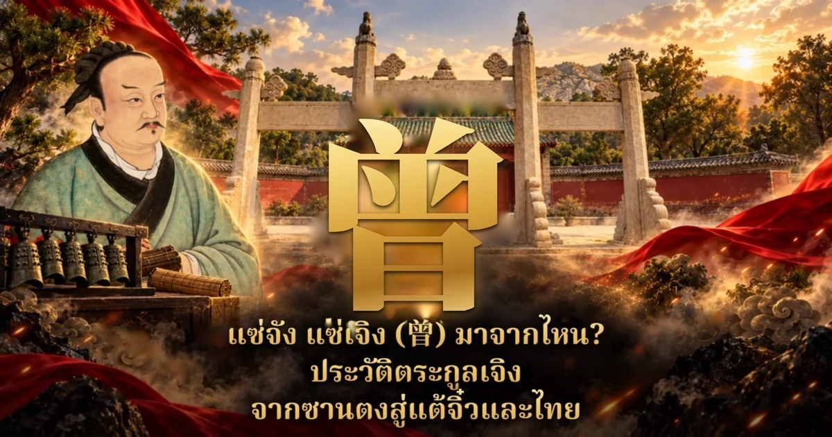 ภาพวาดจินตนาการของเจิงจื่อข้างชุดระฆังสำริดและม้วนไม้ไผ่ ซุ้มประตูหินหน้าศาลเจิงจื่อ ตัวอักษรทอง 曾 และข้อความ แซ่จัง แซ่เจิง (曾) มาจากไหน? ประวัติตระกูลเจิง จากซานตงสู่แต้จิ๋วและไทย