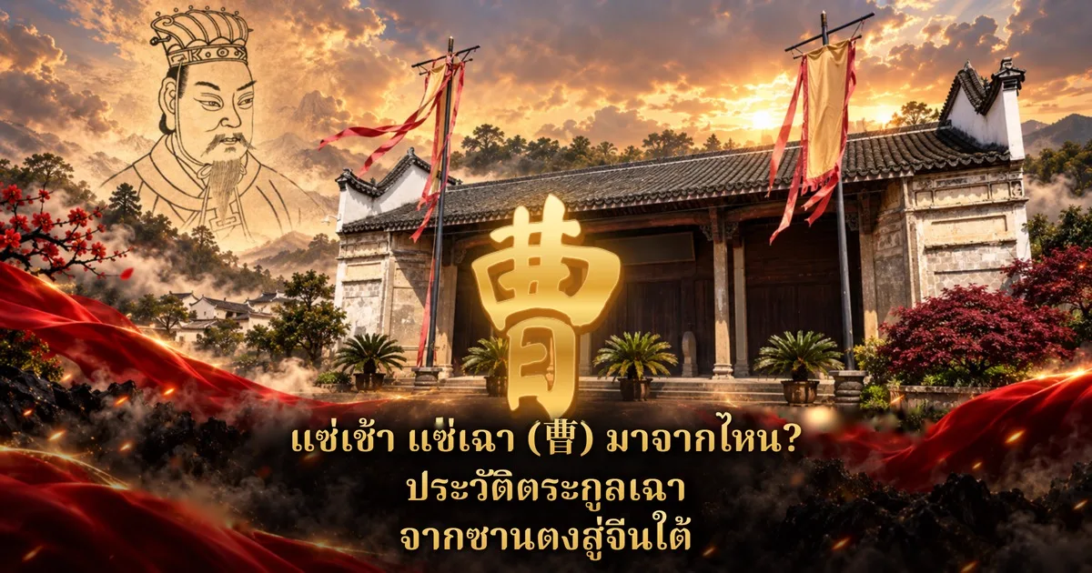 ภาพปกแซ่เช้า แซ่เฉา: อักษรทอง 曹 ตัวใหญ่หน้าศาลบรรพชนจีนหลังคากระเบื้องดำ มีเสาธงผ้าไหมเรียบสองต้น ลายเส้นภาพโจโฉแบบภาพพิมพ์โบราณที่มุมซ้ายบน และข้อความ แซ่เช้า แซ่เฉา (曹) มาจากไหน? ประวัติตระกูลเฉา จากซานตงสู่จีนใต้