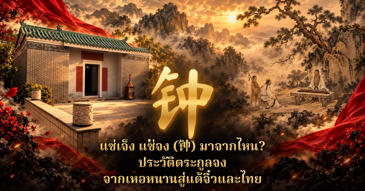 ภาพปกอักษร 钟 สีทองใหญ่กลางภาพ ด้านซ้ายเป็นหอบรรพชนหลังคากระเบื้องสีเขียวผนังอิฐ ด้านขวาเป็นภาพวาดชายดีดพิณใต้ต้นสนกับผู้นั่งฟัง ฉากหลังภูเขาและหมอกสีทอง พร้อมข้อความ แซ่เจ็ง แซ่จง (钟) มาจากไหน? ประวัติตระกูลจง จากเหอหนานสู่แต้จิ๋วและไทย