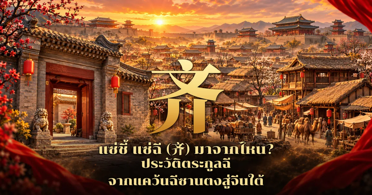 ภาพปกแซ่ชี้ แซ่ฉี อักษร 齐 สีทองตัวใหญ่กลางภาพ หน้าเมืองโบราณยามอาทิตย์ตก ซ้ายเป็นประตูบ้านอิฐเทาโคมแดงกับสิงห์หินคู่ ขวาเป็นตลาดหลังคามุงฟาง เกวียนวัวและอูฐ พร้อมข้อความ แซ่ชี้ แซ่ฉี (齐) มาจากไหน? ประวัติตระกูลฉี จากแคว้นฉีซานตงสู่จีนใต้