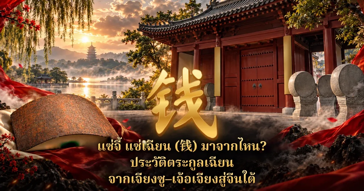 ภาพปกแซ่เฉียน อักษรทอง 钱 หน้าประตูศาลสีแดงมีกลองหินเรียงริมทะเลสาบที่มีเจดีย์ไกล ๆ แผ่นเหล็กโค้งสีสนิมกับผ้าแดง พร้อมข้อความไทย แซ่จี้ แซ่เฉียน (钱) มาจากไหน? ประวัติตระกูลเฉียน จากเจียงซู–เจ้อเจียงสู่จีนใต้