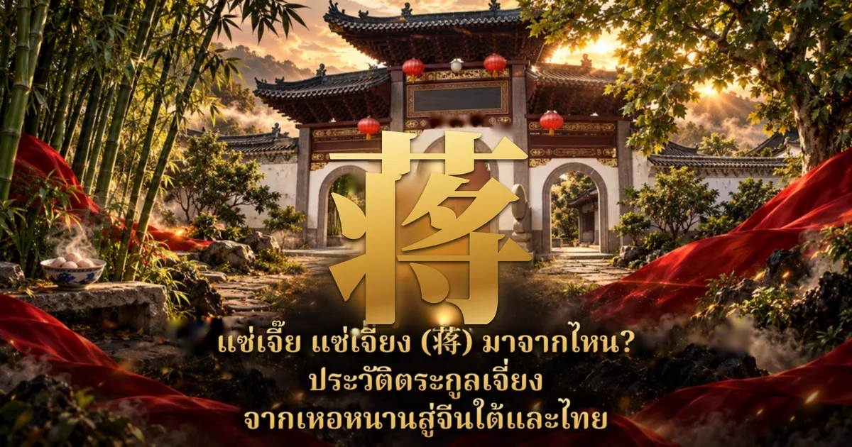 ซุ้มประตูศาลบรรพชนจีนกำแพงขาว ประตูโค้งสามช่อง หลังคากระเบื้อง แขวนโคมแดง ท่ามกลางป่าไผ่และแสงอาทิตย์ยามเย็น กลางภาพมีอักษรจีนสีทองตัวใหญ่ ด้านล่างเป็นชื่อเรื่อง แซ่เจี๊ย แซ่เจี่ยง (蒋) มาจากไหน? ประวัติตระกูลเจี่ยง จากเหอหนานสู่จีนใต้และไทย