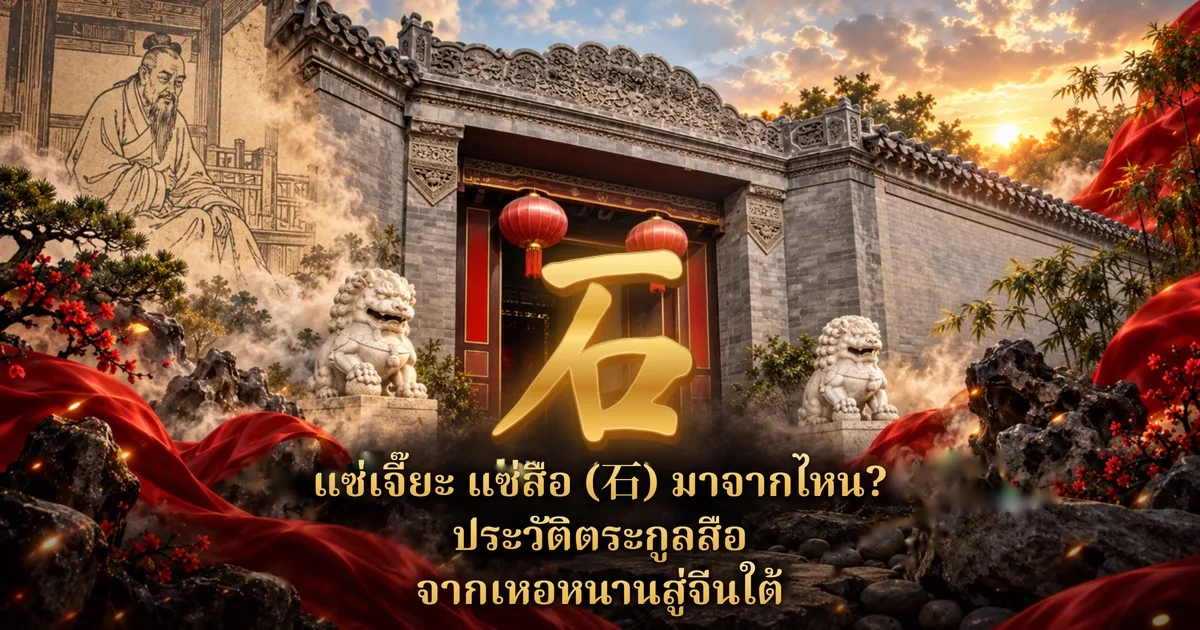 ประตูคฤหาสน์จีนโบราณกำแพงอิฐเทา มีสิงโตหินสองตัวและโคมแดง ตัวอักษรทอง 石 ตรงกลาง ภาพลายเส้นขุนนางโบราณมุมซ้ายบน พร้อมข้อความ แซ่เจี๊ยะ แซ่สือ (石) มาจากไหน? ประวัติตระกูลสือ จากเหอหนานสู่จีนใต้