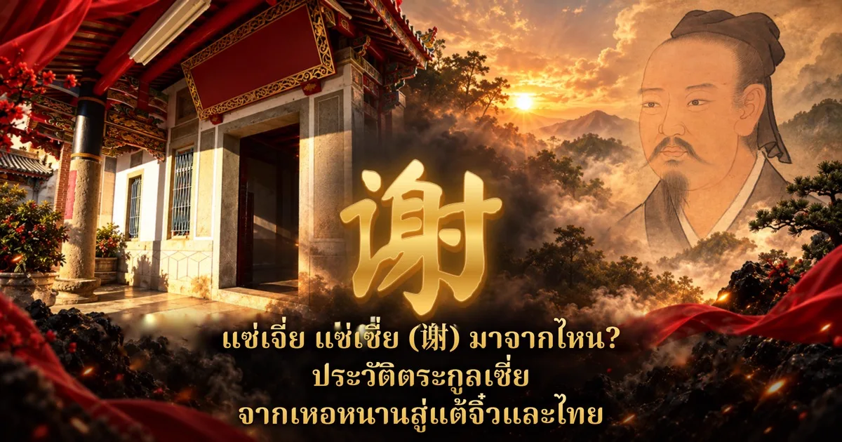ตัวอักษรจีนสีทอง 谢 กลางภาพ ด้านซ้ายเป็นอาคารแบบจีนเสาแดงป้ายขอบทอง ด้านขวาเป็นภาพวาดบุคคลโบราณไว้หนวดเคราสวมผ้าโพกศีรษะ เหนือทิวเขาและดวงอาทิตย์ ข้อความไทยด้านล่างว่า แซ่เจี่ย แซ่เซี่ย (谢) มาจากไหน? ประวัติตระกูลเซี่ย จากเหอหนานสู่แต้จิ๋วและไทย