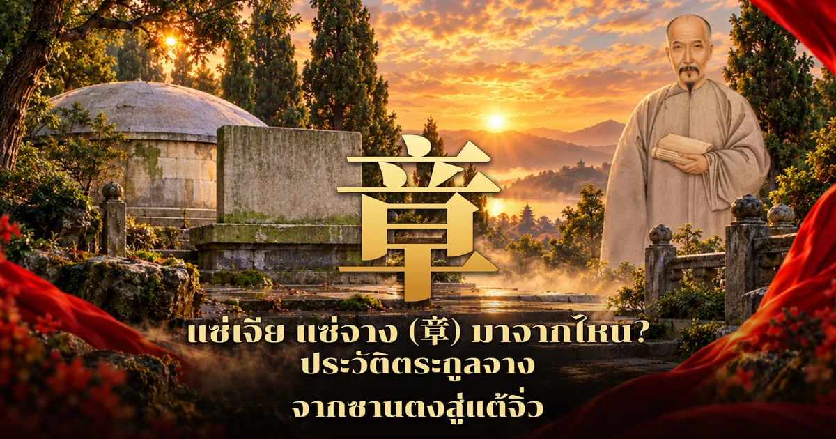 ภาพปกแซ่เจีย แซ่จาง อักษร 章 สีทองขนาดใหญ่ ข้างสุสานทรงโดมและศิลาเก่ามีตะไคร่ ด้านขวาเป็นบัณฑิตศีรษะโกนในชุดยาวสีเทาถือหนังสือ ฉากหลังทะเลสาบและเจดีย์ยามพระอาทิตย์ตก พร้อมข้อความ แซ่เจีย แซ่จาง (章) มาจากไหน? ประวัติตระกูลจาง จากซานตงสู่แต้จิ๋ว